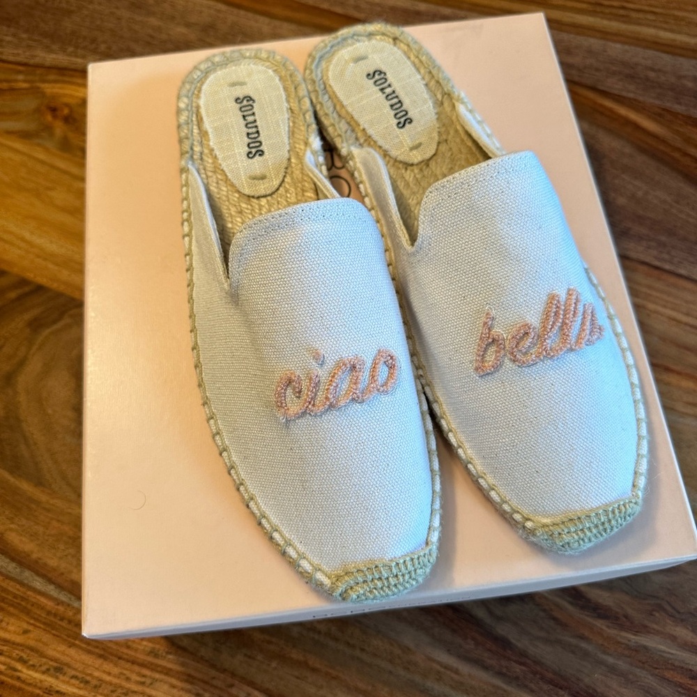 Soludos Cream and Pink Ciao Bella Embroidered Mules